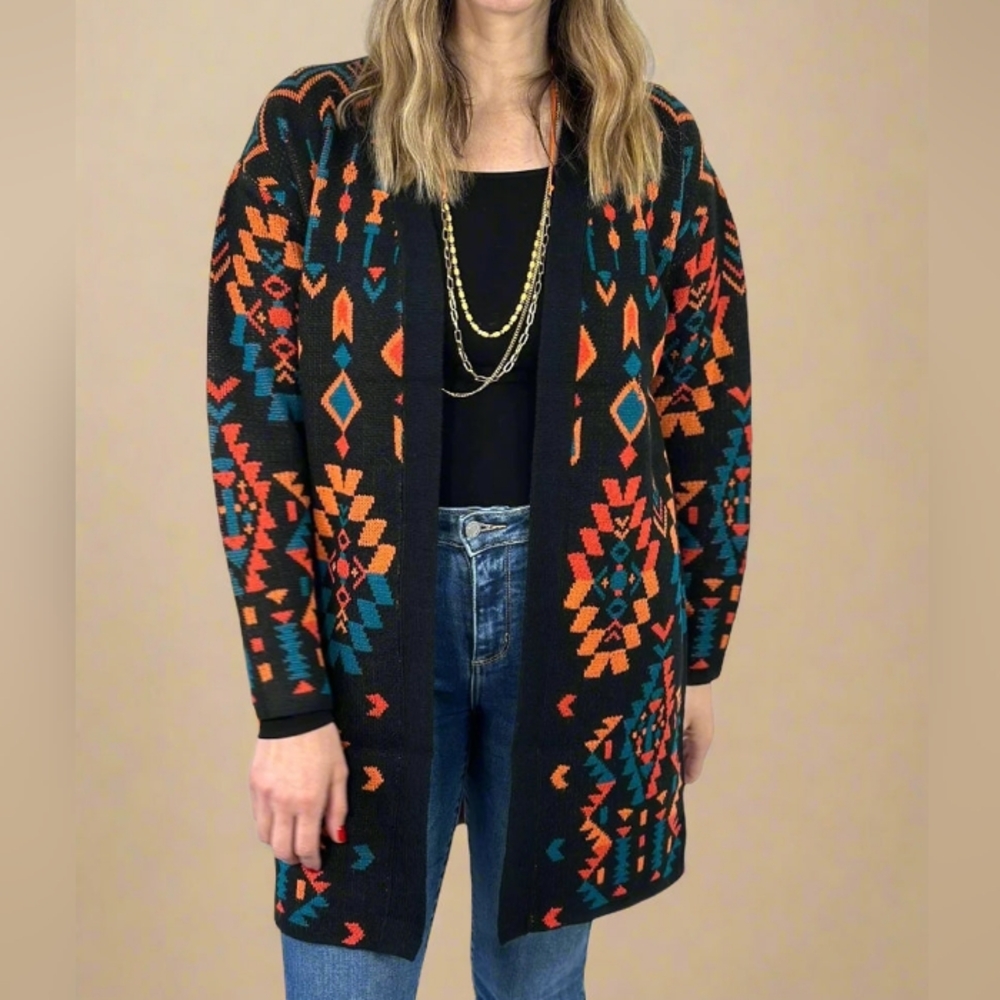 Savanna Jane Black Cardigan with Orange and Teal Aztec Motif
